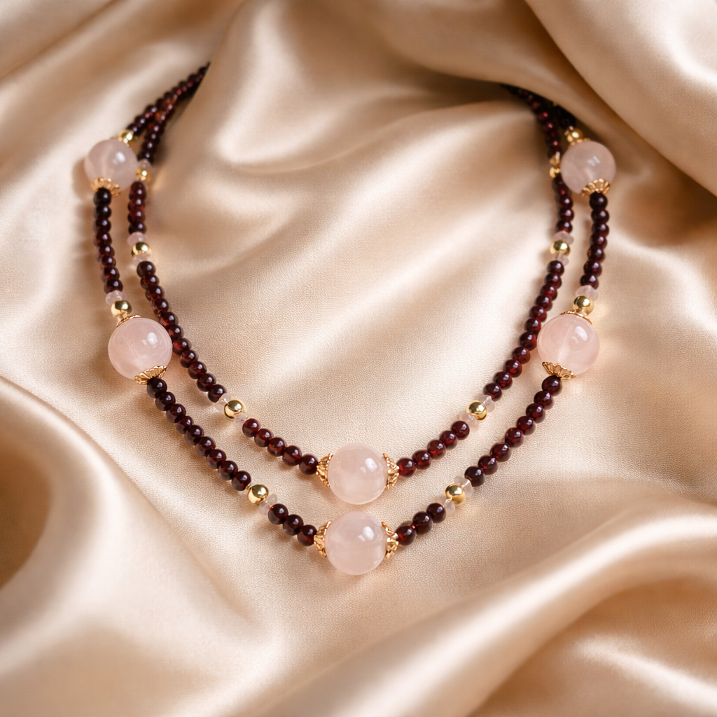 A double-layered pearl and gemstone beaded necklace resting on silky beige fabric.
