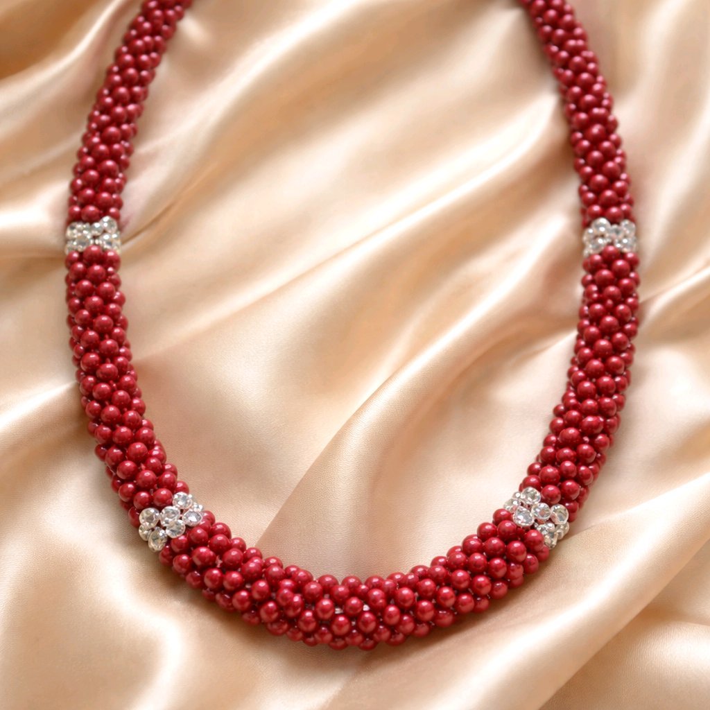 Elegant 18" Kimuhimu Red Banbu Bead Necklace with Crystals