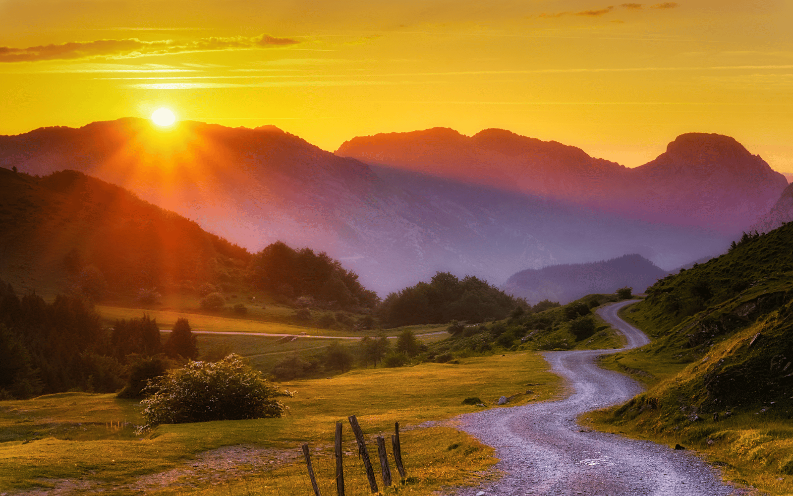 Sun setting over mountain range with a winding gravel road in a grassy field.