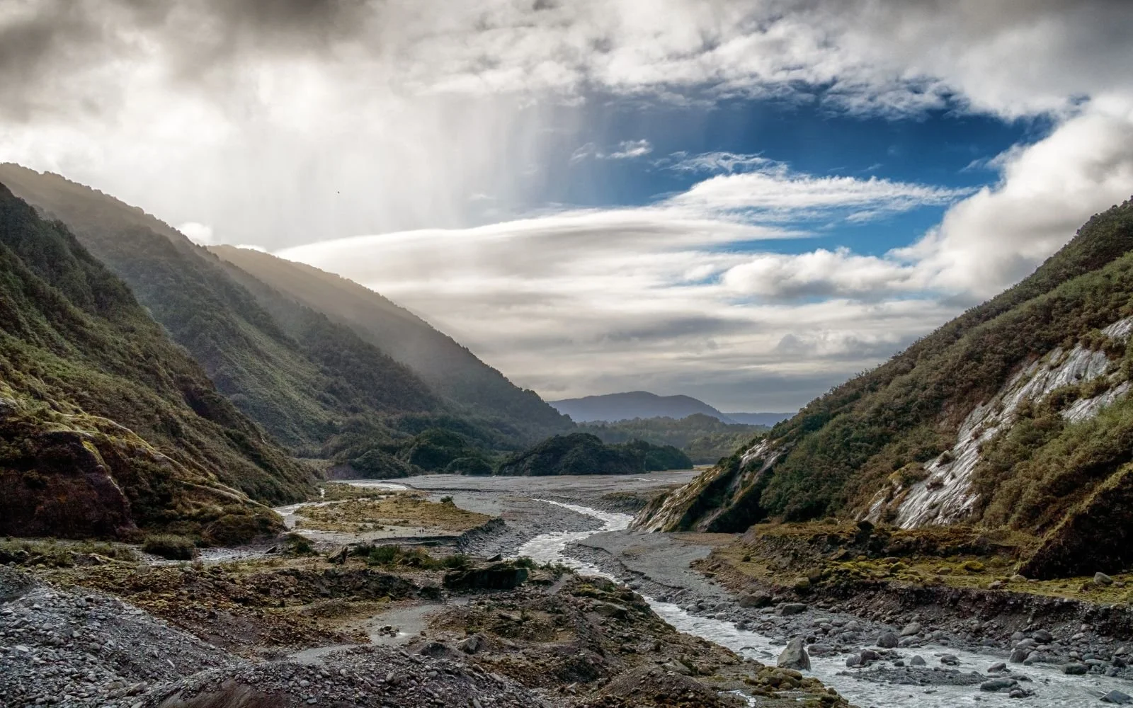 river through a valley with stormy and clear skies above