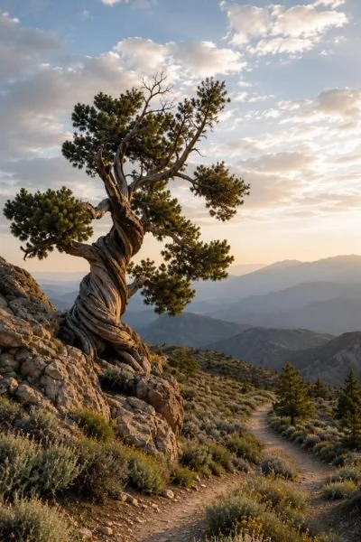 twisted tree by path with mountains