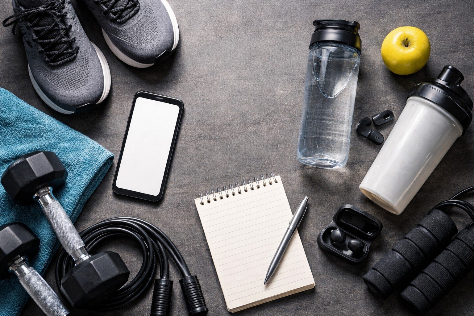Various fitness items on a dark surface, including gray sneakers, a blue towel, a dumbbell, a jump rope, a smartphone, a notepad with a pen, a water bottle, a protein shake container, wireless earbuds, an apple, and black foam rollers.