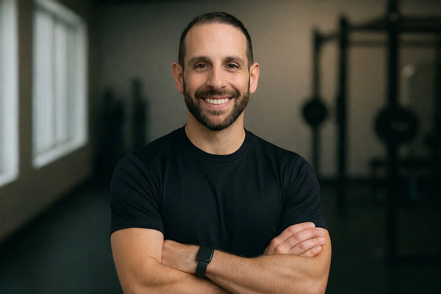 Smiling man with a beard, black T-shirt, and fitness tracker standing in gym