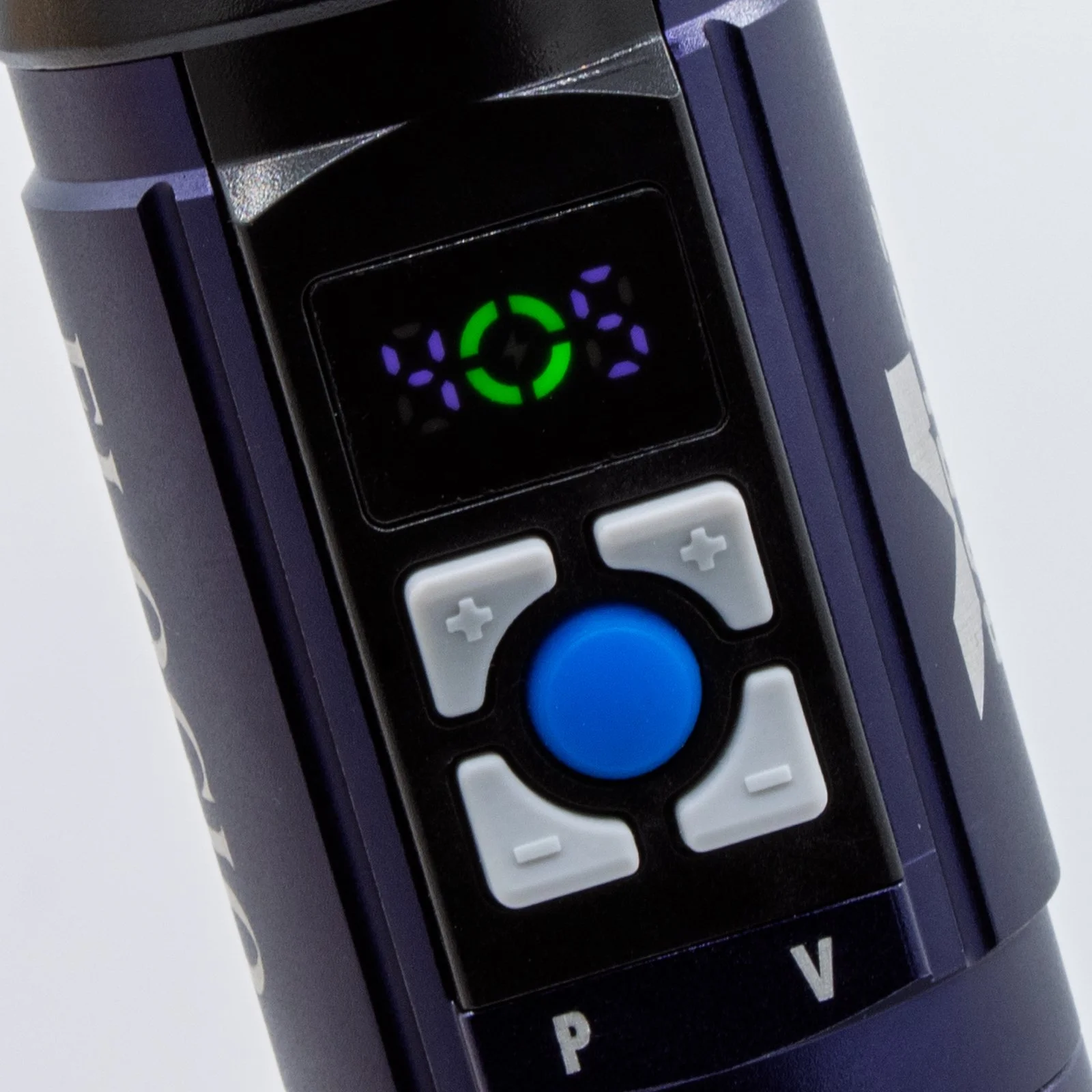 Parlez electrolarynx LED display showing tone, volume, and battery settings