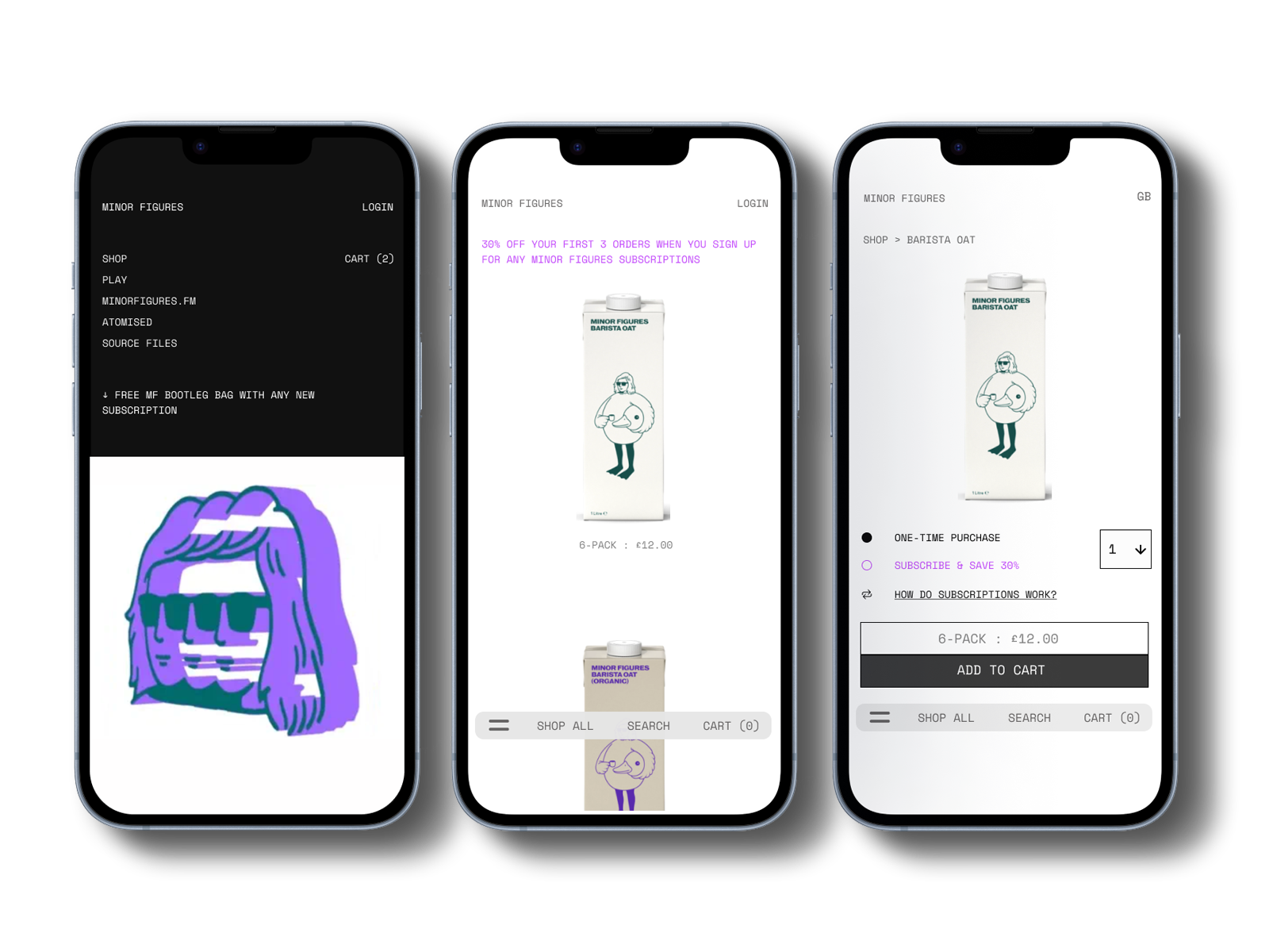 Three smartphones displaying an online shop for Minor Figures drinks, showcasing product images, pricing, and purchase options.