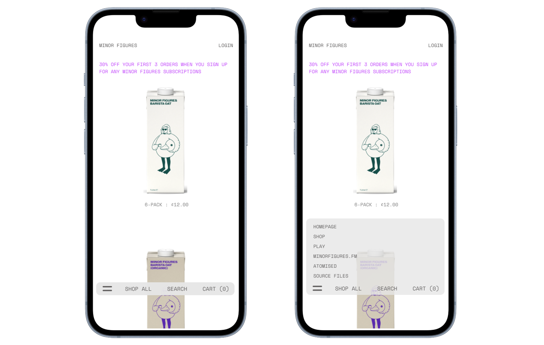Two smartphones displaying an online store for Minor Figures products, showing a promotion and product images of oat drinks with a navigation menu at the bottom.