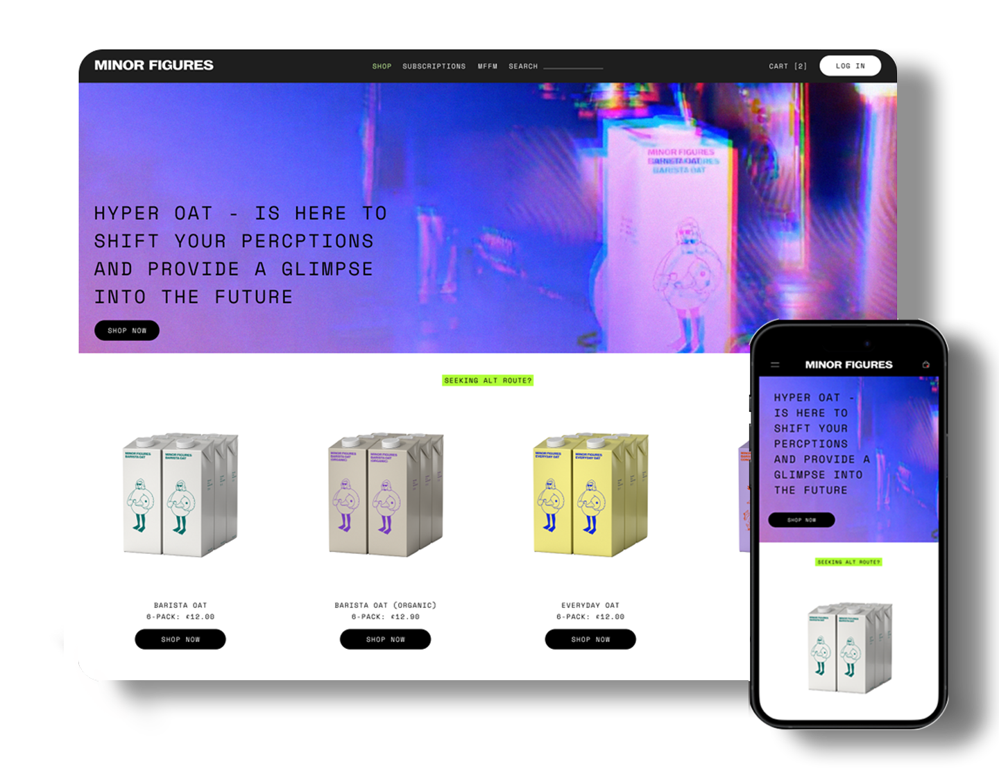 A website homepage and mobile view of Minor Figures with a headline 'Hyper Oat - is here to shift your perceptions and provide a glimpse into the future' and three oat milk product options: Barista Oat, Organic, and Everyday Oat, each priced at €12 with 'Shop Now' buttons.
