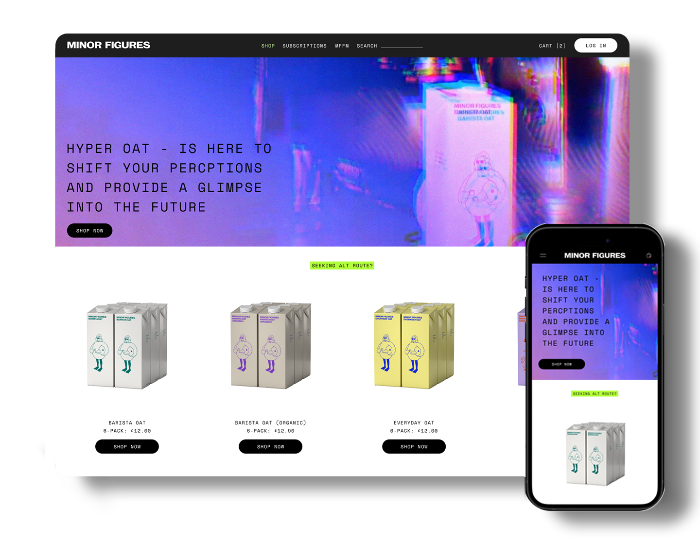 Screenshot of the Minor Figures website displaying different types of oat milk products with a colorful, misty background and a mobile phone showing the same webpage.