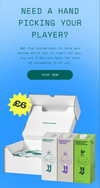 Advertisement for Barista Oats featuring three varieties in cartons and a tasting pack, with a blue background, green accents, and a call-to-action button labeled 'Shop Now.'