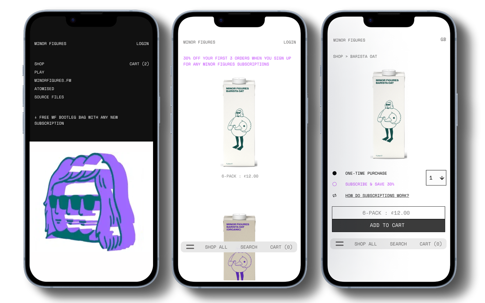 Three smartphones displaying an online store for Minor Figures. The screens show product images, descriptions, prices, and options to add items to a shopping cart, with different website interfaces and backgrounds.