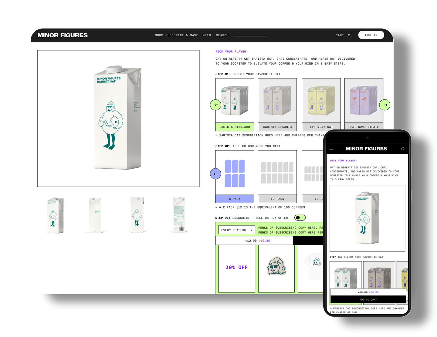 Screenshots of a product customization webpage on desktop and mobile, showing options for selecting oat types, quantity packs, and subscription frequency for Minor Figures' oat milk.