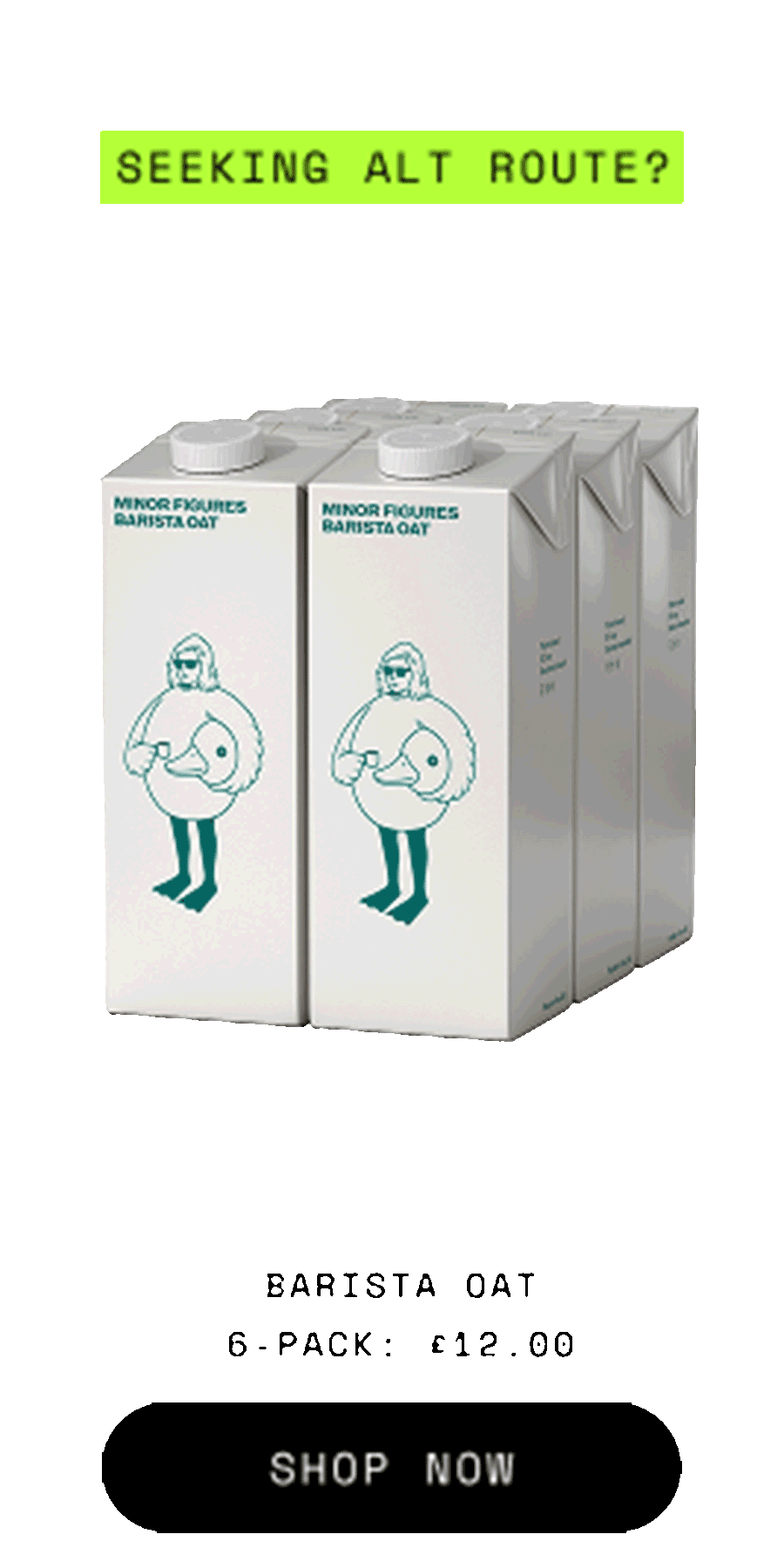 Milk cartons with minimalist character illustration and green Seeking Alt Route? banner, prompting viewers to shop now.