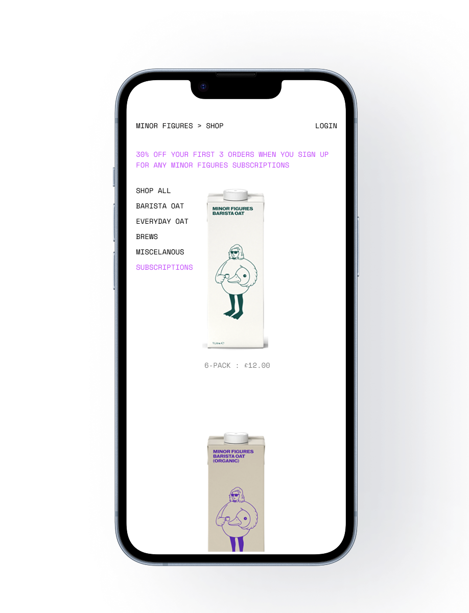 Online shop page showing Minor Figures oat milk options, with a promotion for 30% off on first three orders, featuring 6-pack of oat milk priced at £12, and a subscription link.