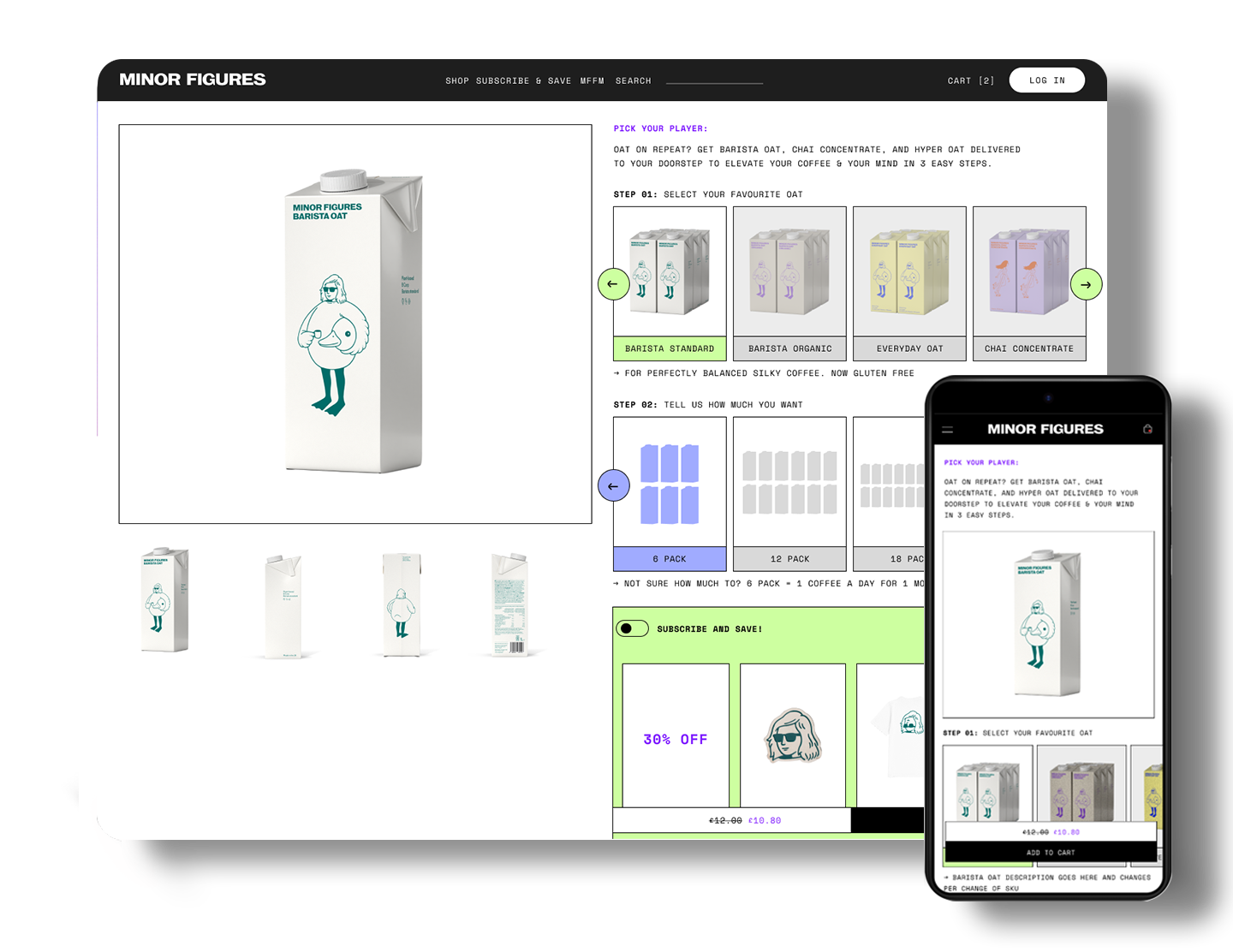 A webpage and a mobile view of an online store for Minor Figures coffee, showing oat milk packaging with a playful illustration of a person holding a coffee cup, product options, and a subscription discount.
