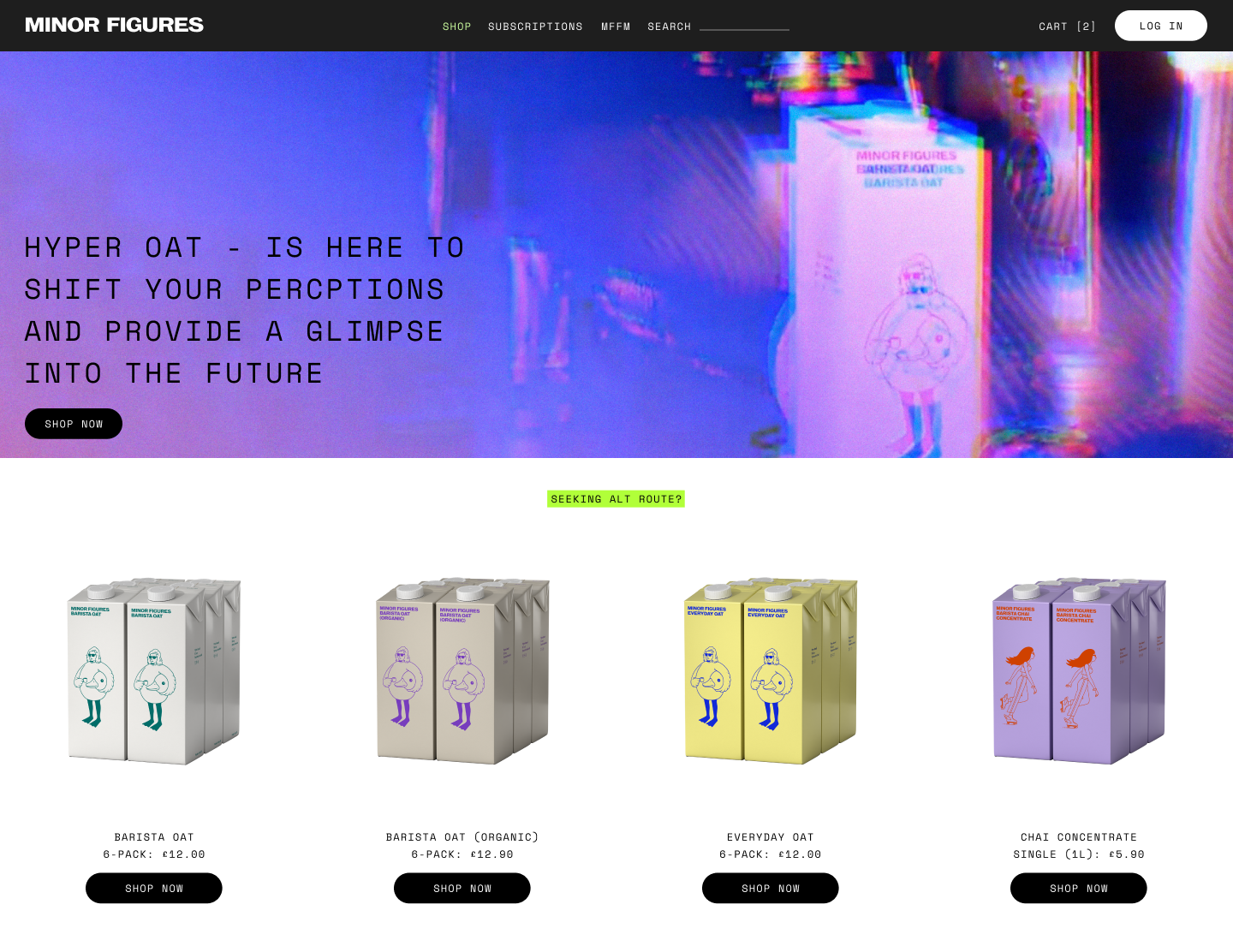 Website homepage with a colorful, abstract background and product images of oat packages at the bottom, featuring different flavors and prices.