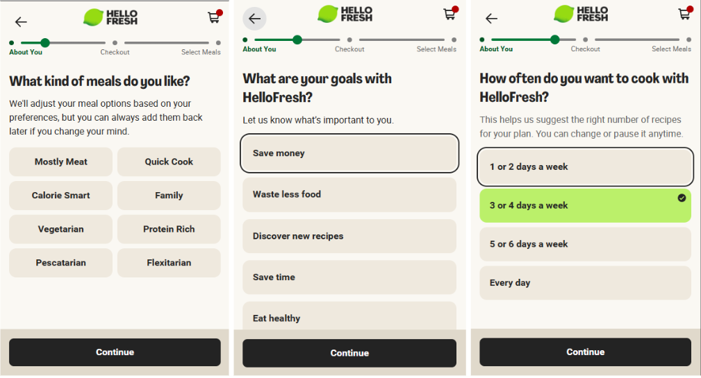 Screenshots of the HelloFresh app interface showing meal preferences, goals, and cooking frequency options.