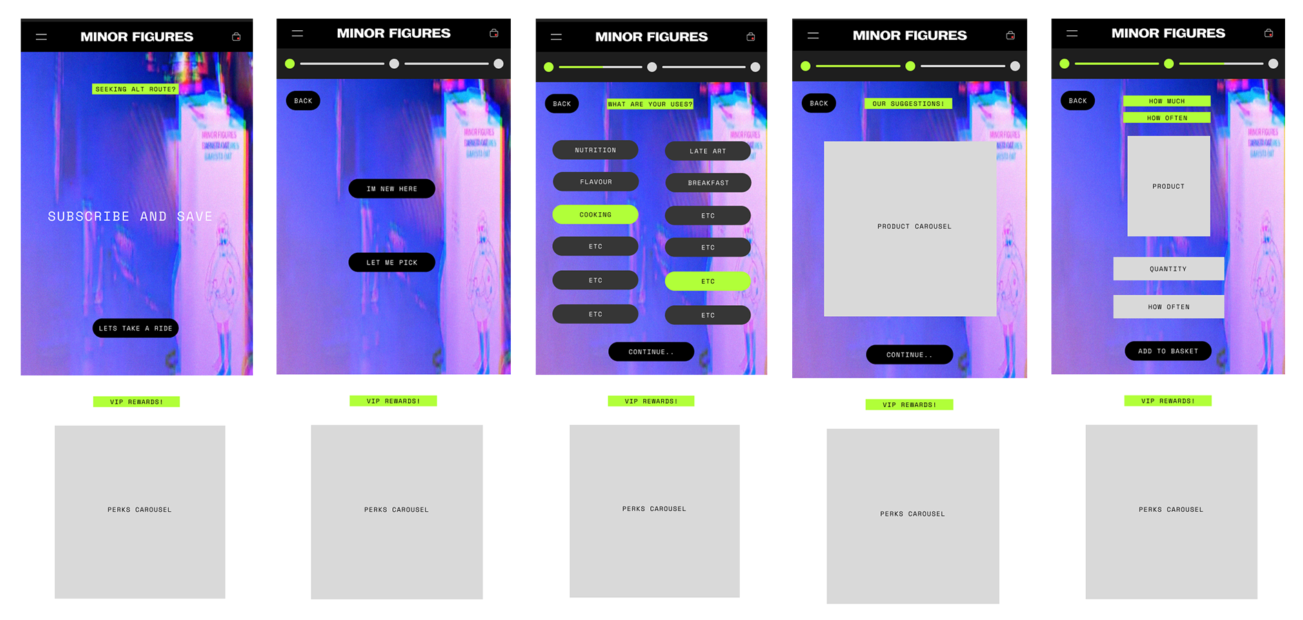Screenshots of a mobile app interface for 'Minor Figures' with various menus and options related to nutrition, flavors, cooking, breakfast, and other categories, featuring a colorful, glitchy background.