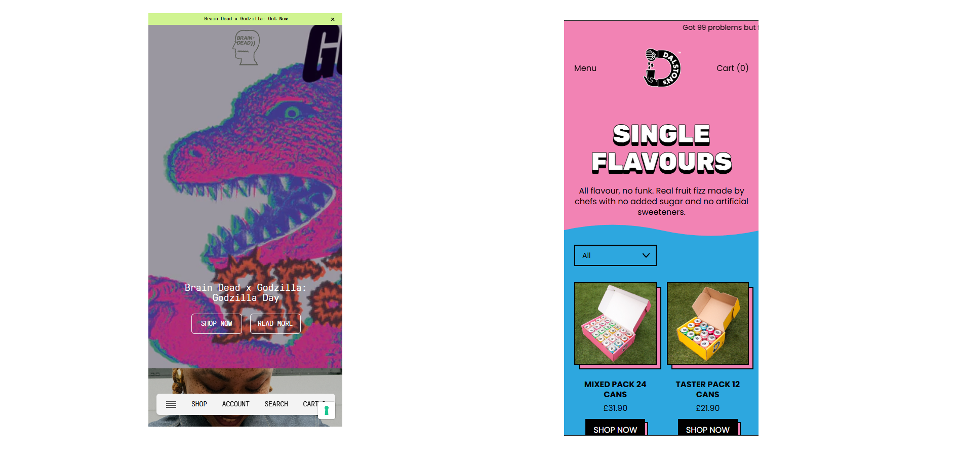 Screenshot of a website with a pink background on the right side advertising single-flavor fruit fizz drinks, with images of two different drink packs. The left side features a colorful, stylized image of Godzilla and text promoting a collaboration between Brain Dead and Godzilla, including buttons to shop now or read more.