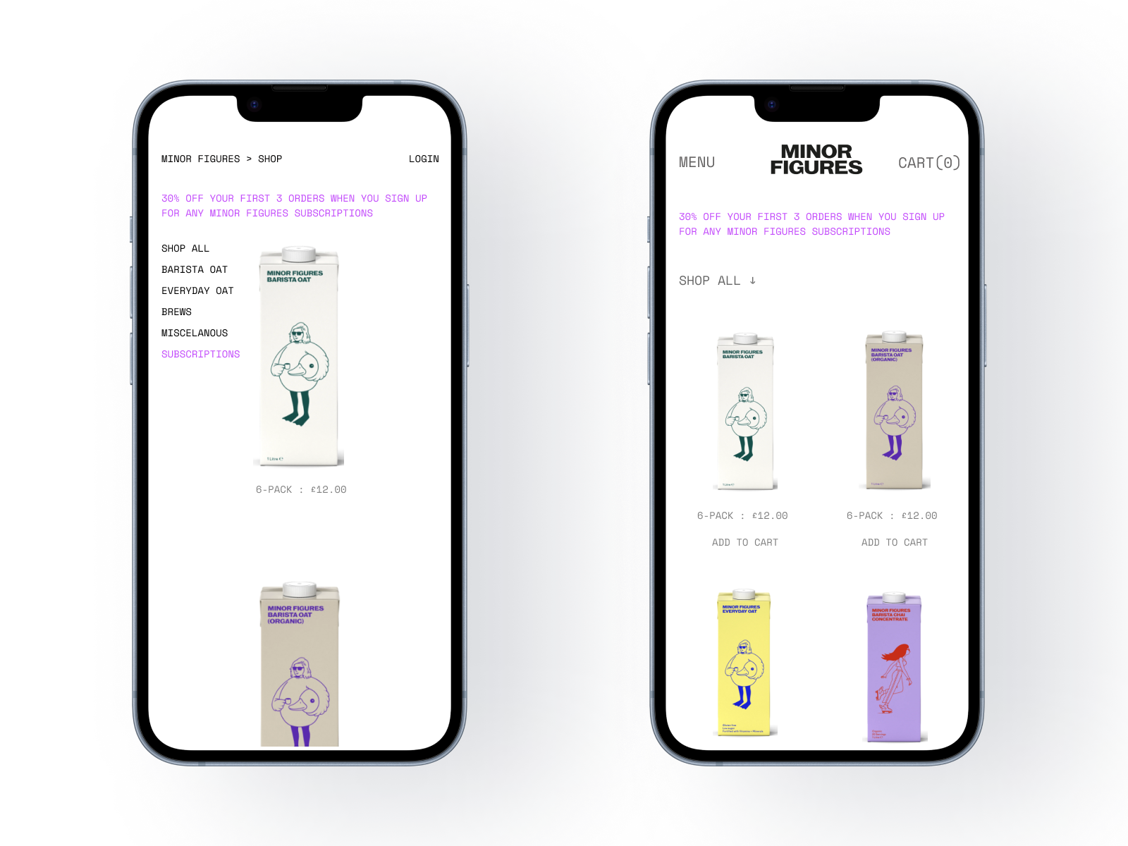Two smartphones displaying an online shop for Minor Figures beverages, featuring various drinks with colorful packaging and a promotional offer for first-time subscribers.