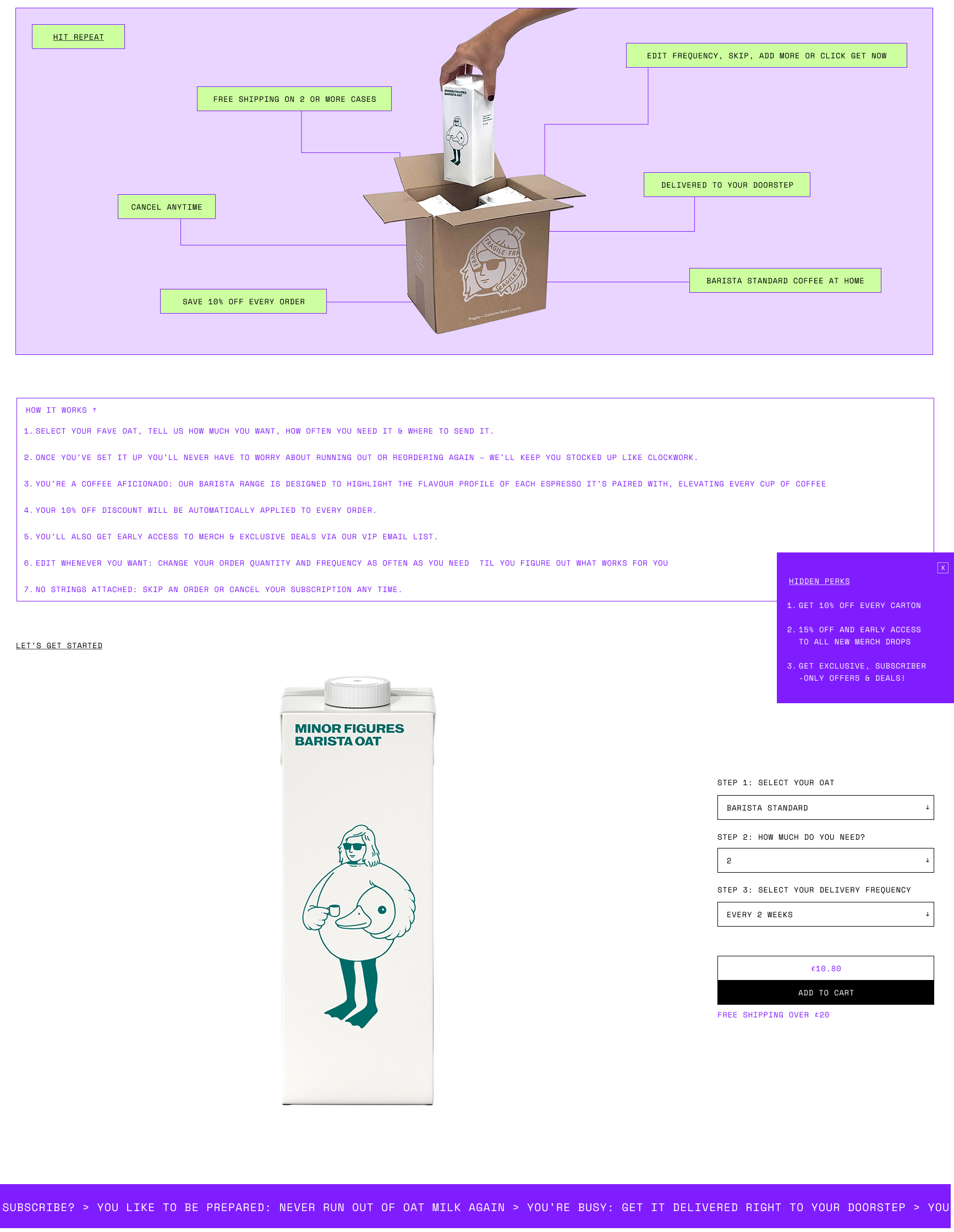 An online order page for a customizable oat milk subscription service, showing a carton of barista oat milk, a description of the process, pricing, and delivery options. The page has a light purple background with green, purple, and black text sections.