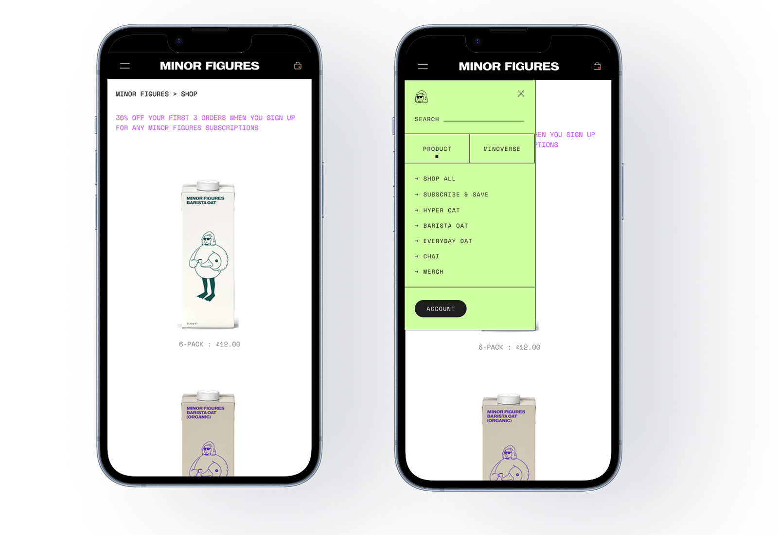 Screenshots of a mobile e-commerce website for Minor Figures, showing a product page with a pack of oat milk priced at £12 and a site menu overlay with search, product categories, account, and subscription options.