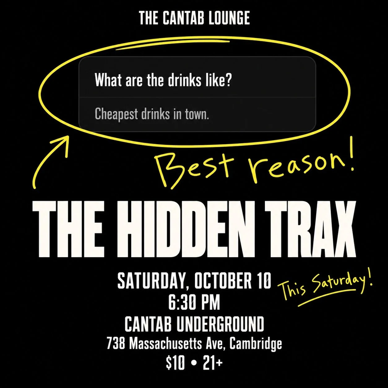 &ldquo;Cheapest drinks in town.&rdquo; Their words. We&rsquo;re just helping spread the news. 🍻

Hidden Trax hits the @thecantablounge Underground this Saturday! Come for the cheap drinks, stay for the jam band takes on songs you know, deep cuts, an