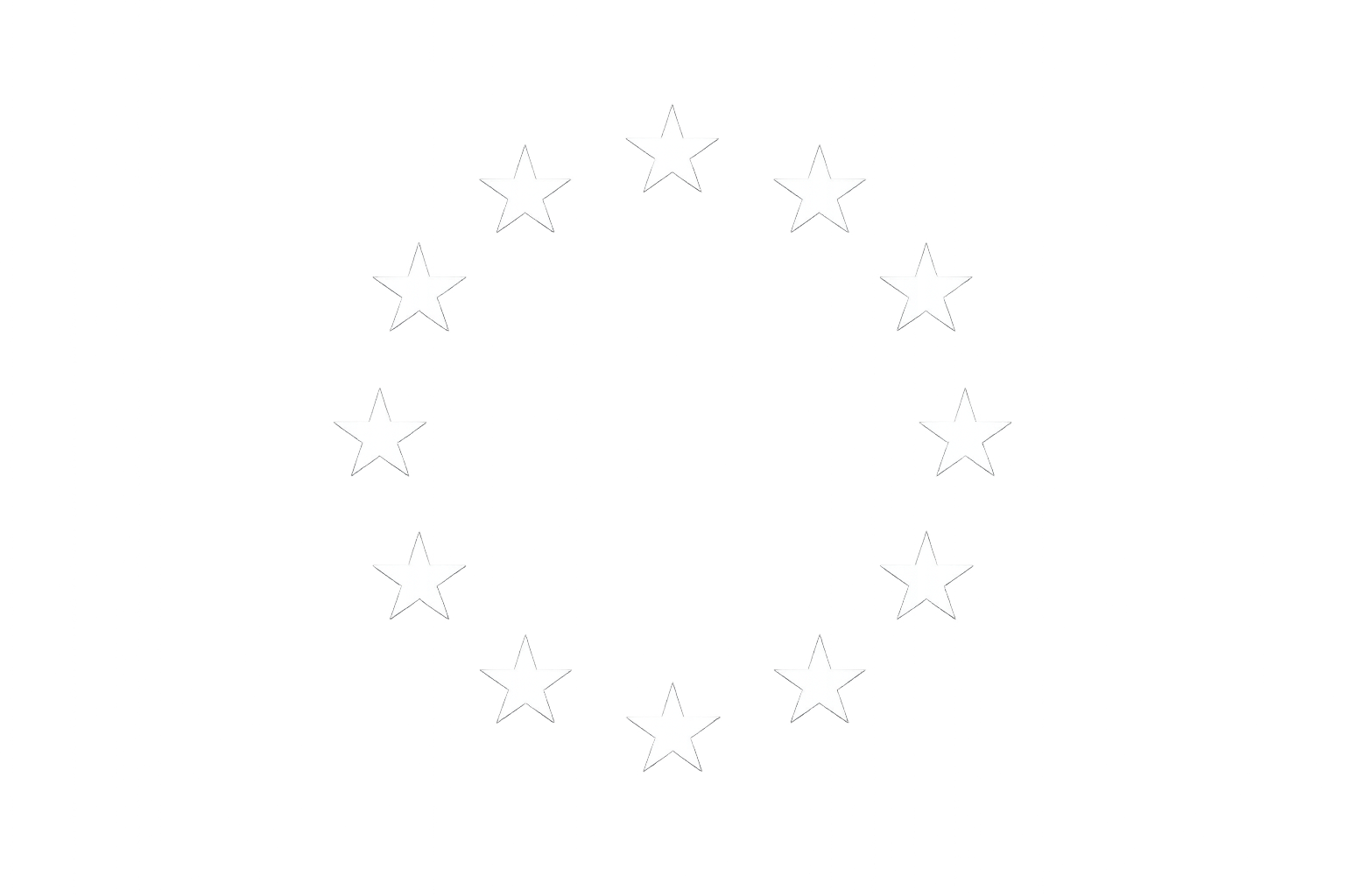 Black and white graphic of the European Union flag, with a circle of 12 white stars on a black background.