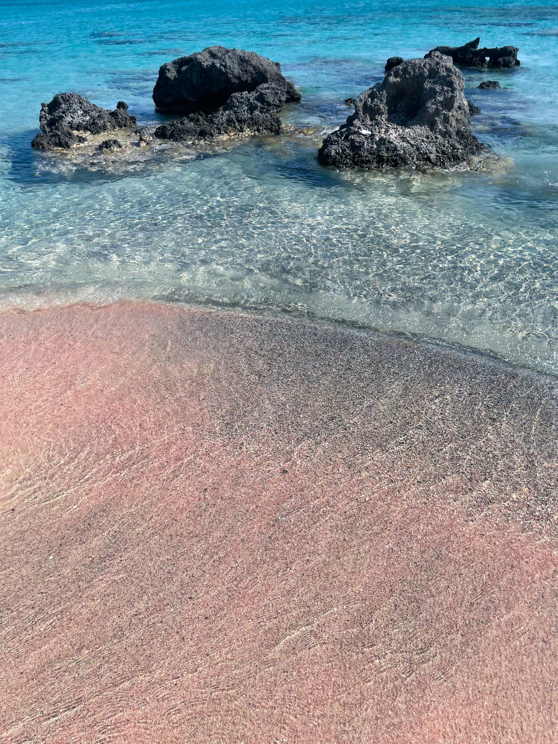 Pink sandy beach with calm clear water and dark volcanic rocks.