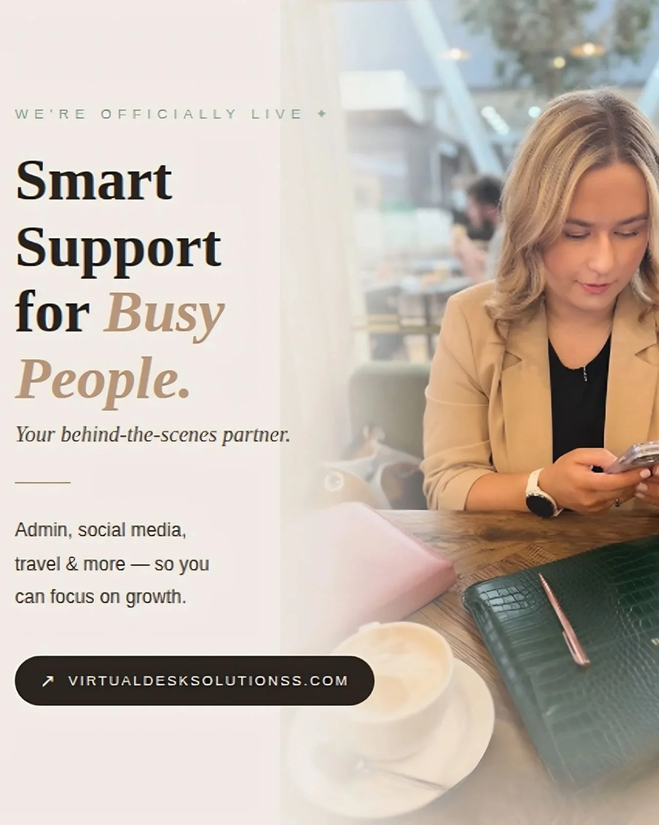✦ WE&rsquo;RE OFFICIALLY LIVE ✦

Your business shouldn&rsquo;t slow down because your to do list is overflowing. That&rsquo;s where I come in.
Virtual Desk Solutions is now live! offering smart, reliable virtual assistant support for the busy profess