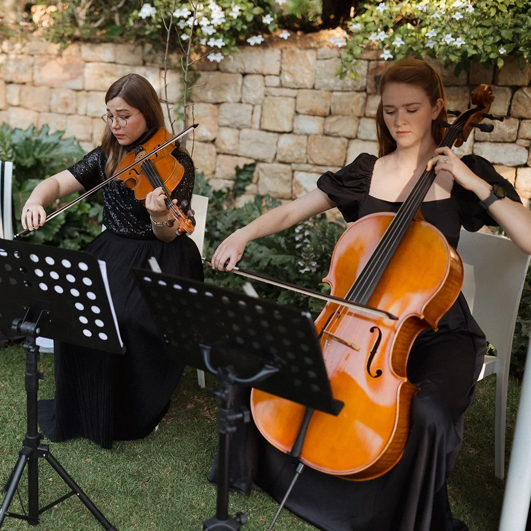 Urban Strings Cape Town playing string instruments, a violin and a cello, outdoors against a stone wall with plants.