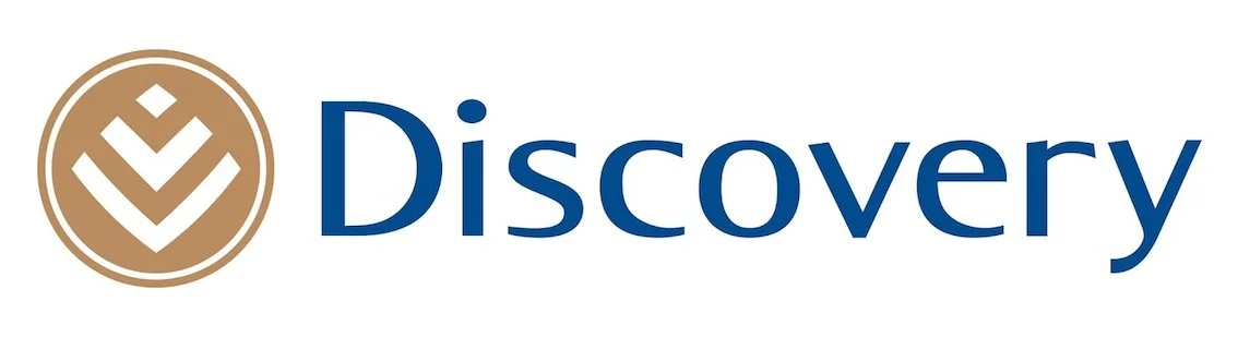 Discovery logo with a gold circular emblem and blue text.