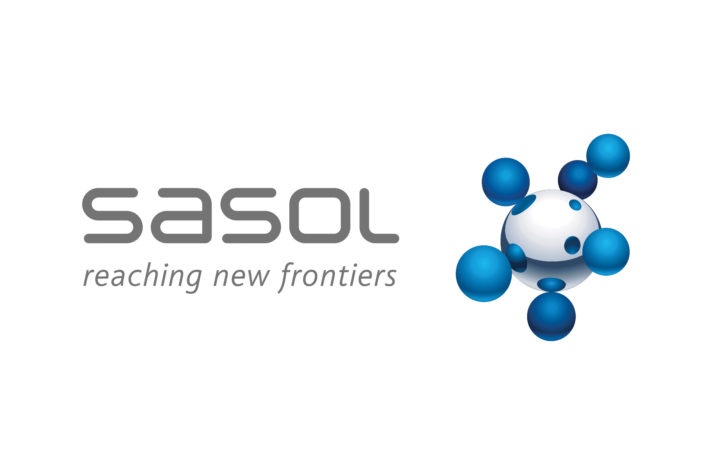 Logo for SASSOL, featuring a stylized molecular structure with blue and white spheres, and the tagline 'reaching new frontiers' in gray text.