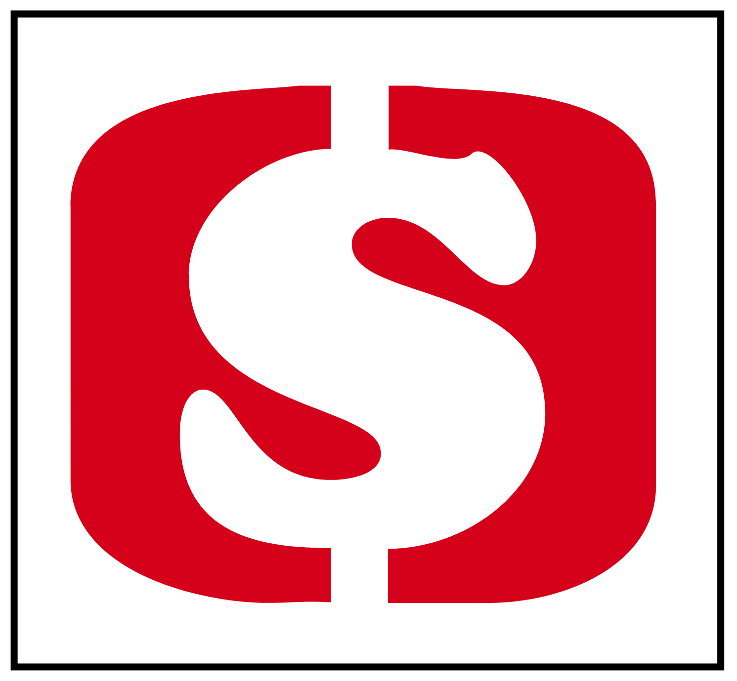 A graphic of a white dollar sign inside a red square with rounded corners, enclosed by four black corner borders.