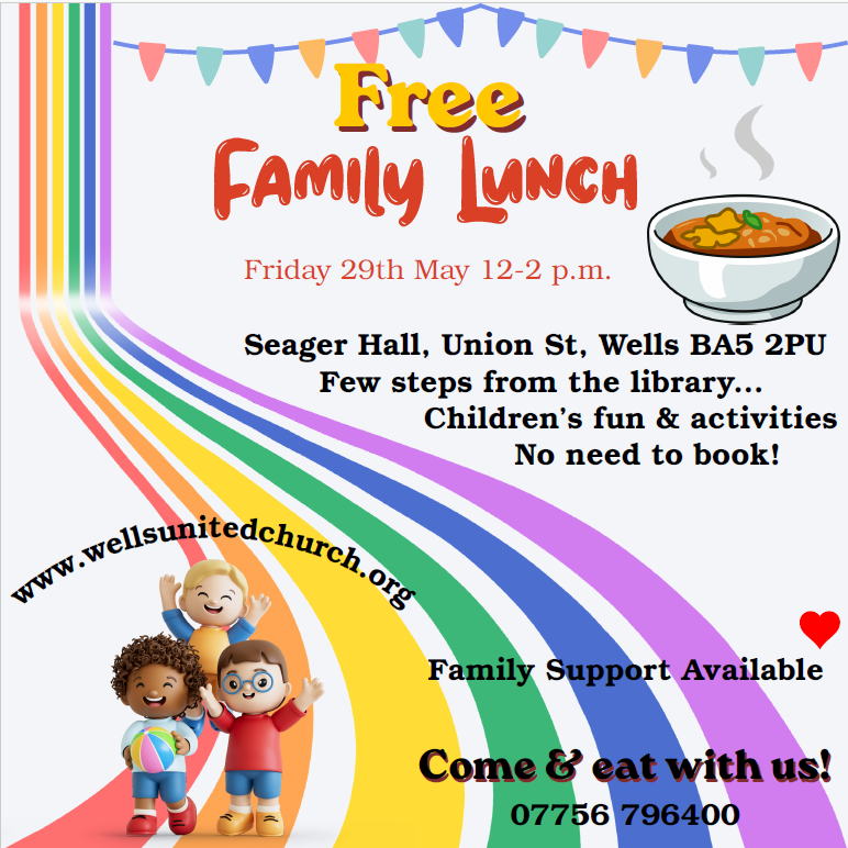 Colorful invitation poster for a free family lunch event with rainbow design, children illustrations, and a bowl of soup, details about date, time, location, and contact information.