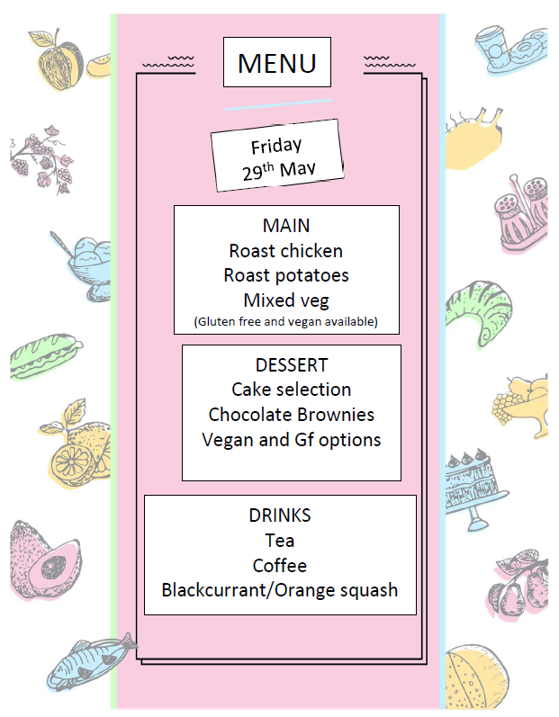 A colorful illustrated menu featuring a list of food and drinks, including roast chicken, roast potatoes, mixed vegetables, cake, chocolate brownies, vegan options, tea, coffee, and fruit juice, with decorative fruit and food illustrations around the border.