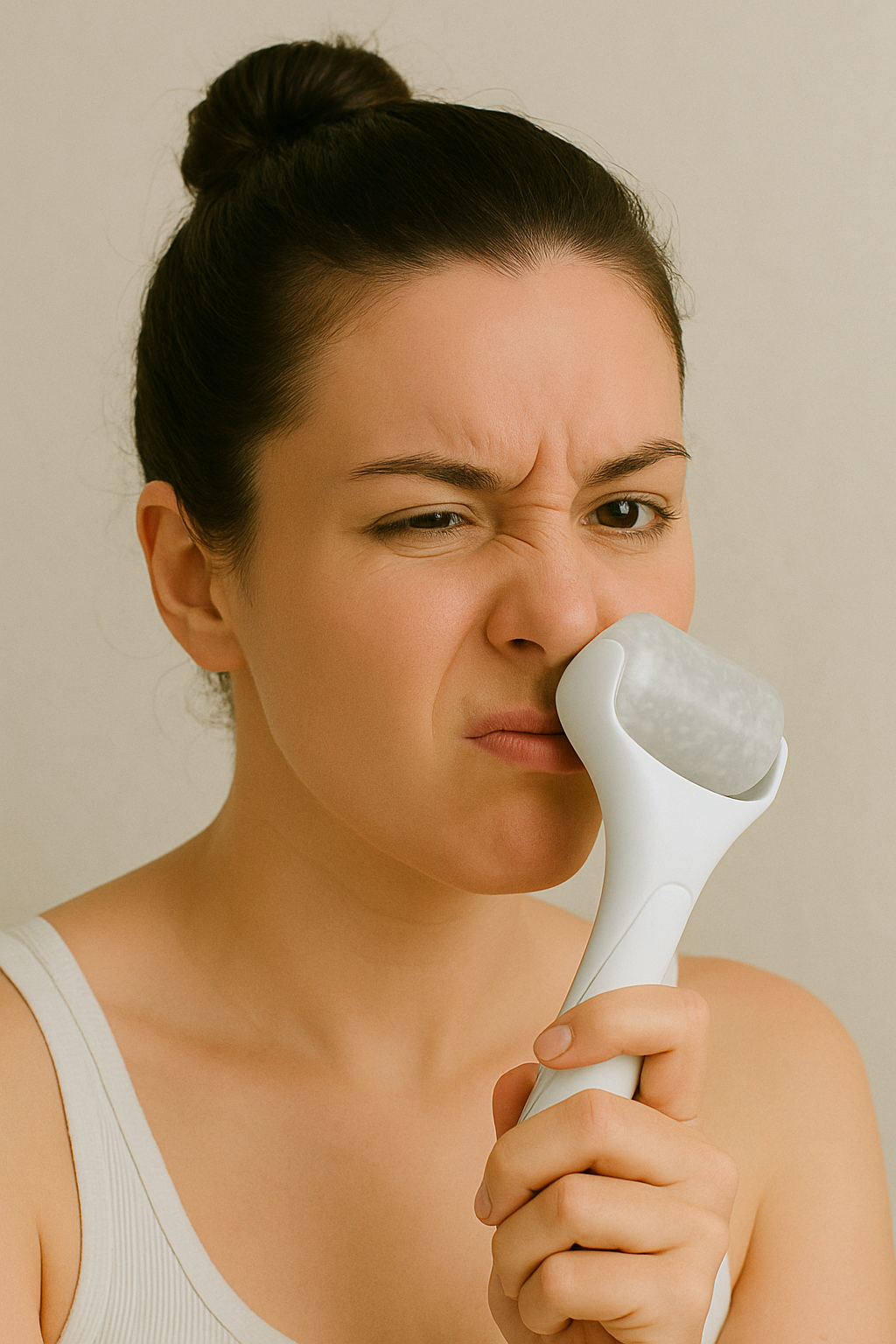 A woman with dark hair pulled up in a bun, holding an ice roller to her nose, with a scrunched face showing discomfort or displeasure.