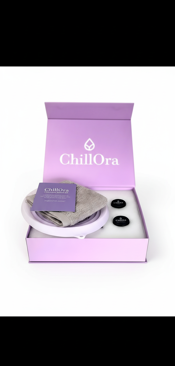 A boxed ChillOra product with a purple box, a gray cloth, two black circular items, and a white circular device set against a plain white background.