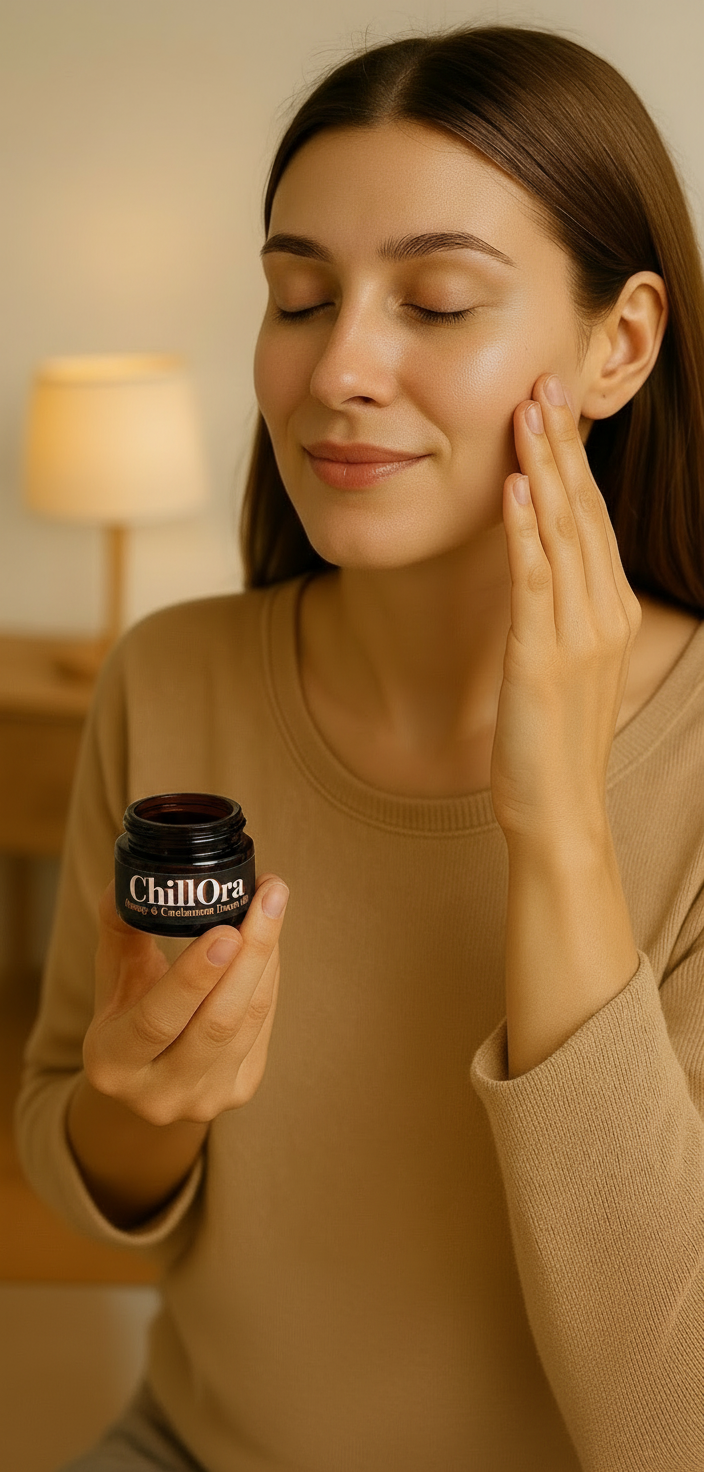 A woman with closed eyes holding a small jar labeled 'ChillOra' and applying cream or ointment to her face.