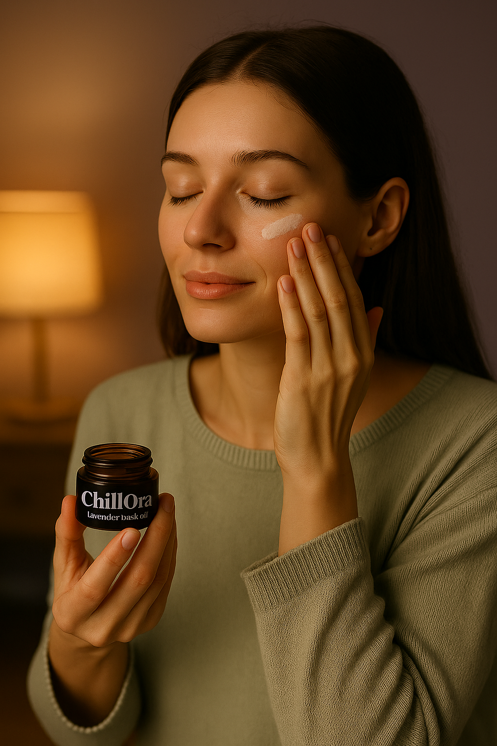 A woman applies lavender balm to her face while holding a jar of Chillora lavender balm in a cozy, warmly lit room.