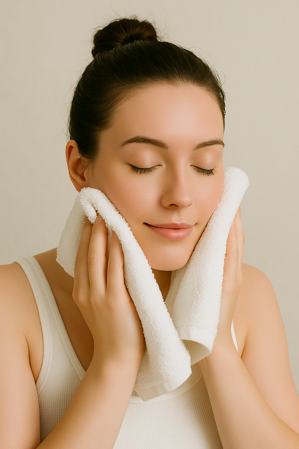 A young woman with closed eyes, gently holding a white towel to her face, smiling softly, with her hair tied up in a bun, wearing a sleeveless top.
