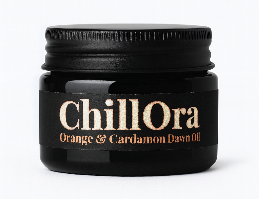 Black jar of Chillora orange and cardamom dawn oil with a black screw-on lid