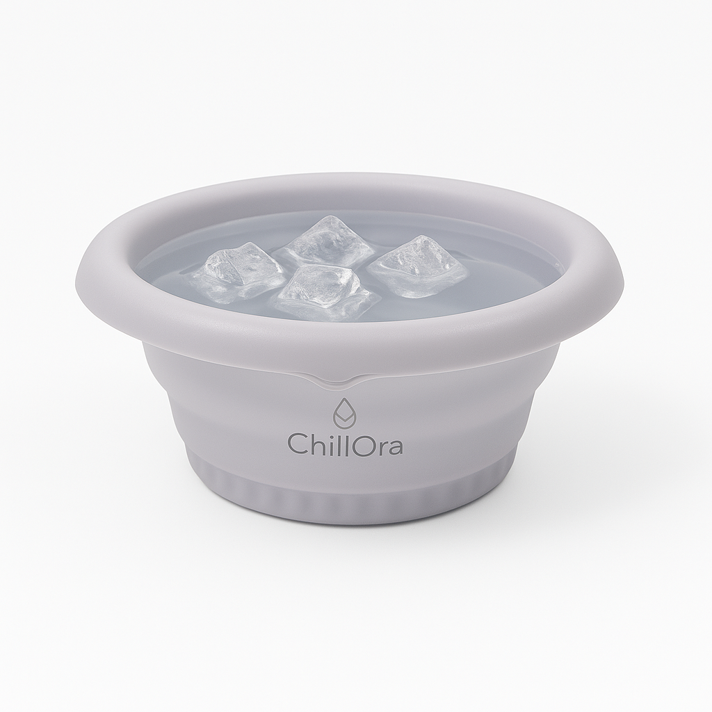A white ChillOra ice bucket filled with ice cubes.