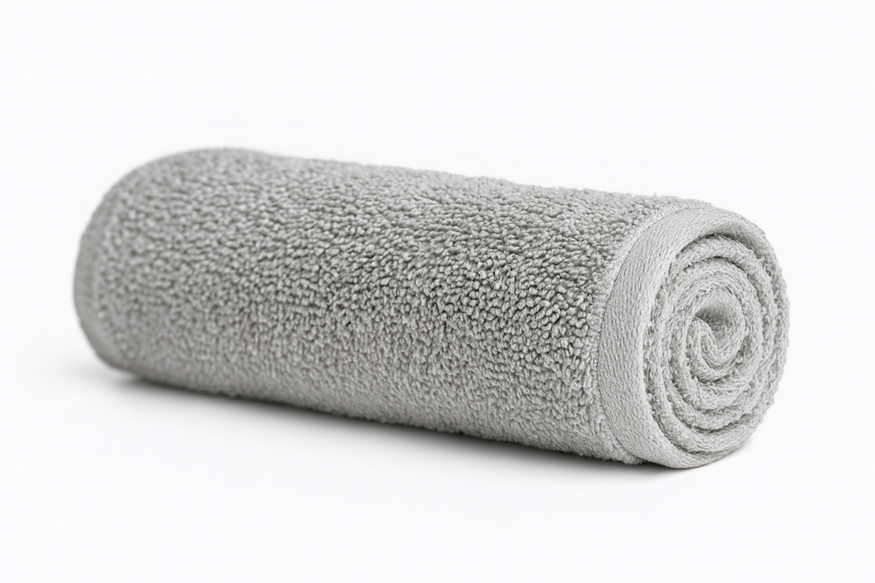 Gray rolled-up towel on a white background