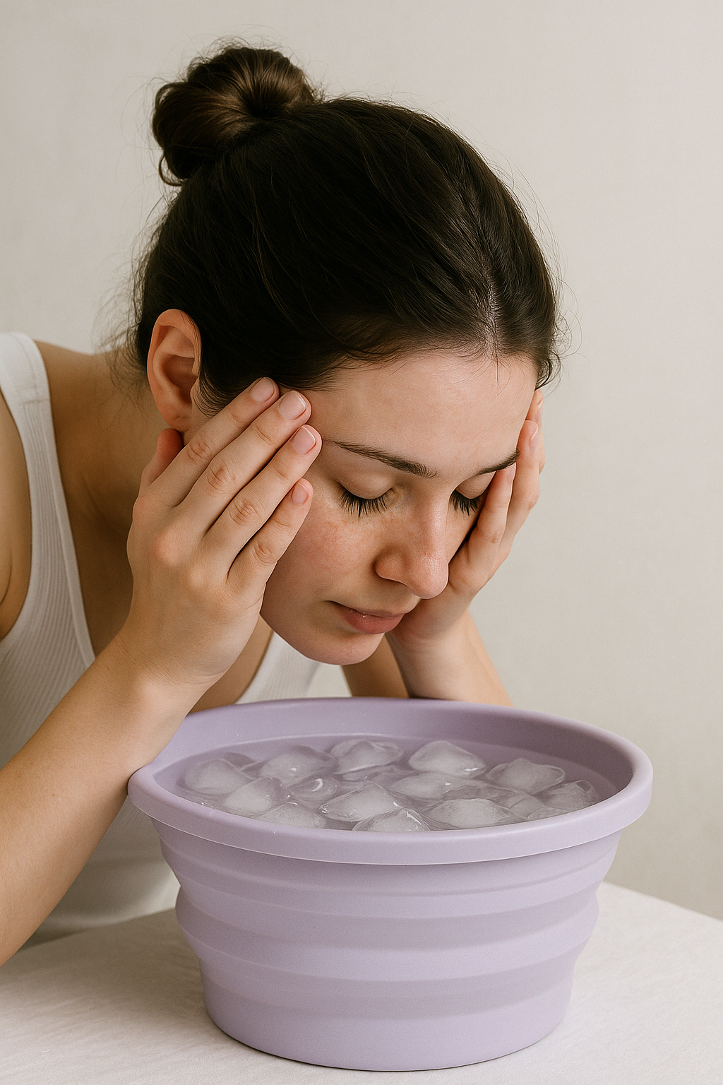 Woman with dark hair in a bun pressing her hands to her temples, leaning over a purple bowl of ice with her eyes closed.