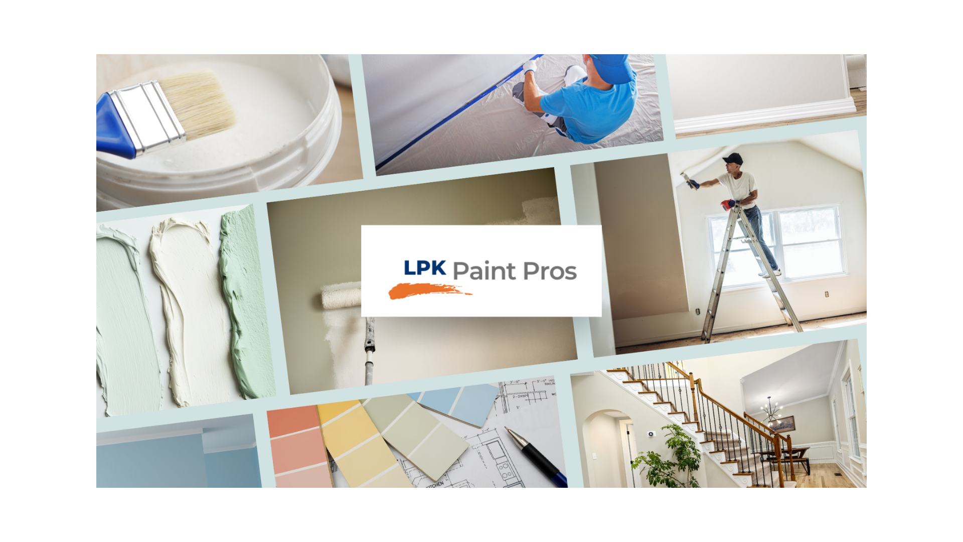 A collage of images related to residential painting, including paint supplies, a person painting a wall, color samples, and a finished interior room. The center features the logo "LPK Paint Pros".