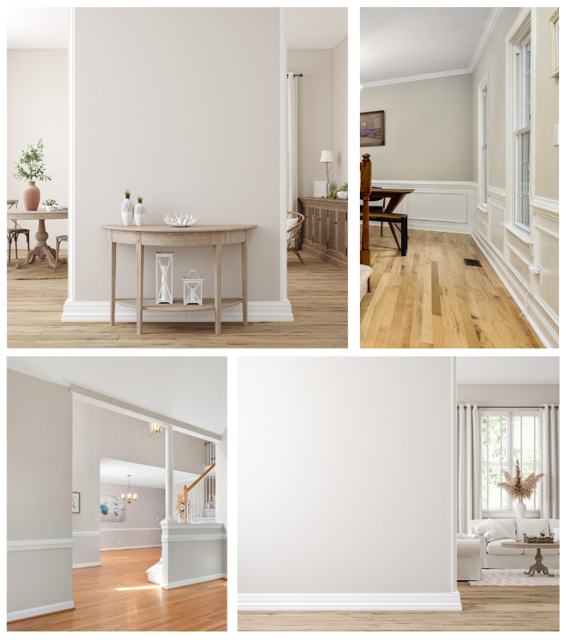 Collage of four images showing interior views of a house with neutral color walls. Experience the joy of a freshly painted home, where every brush stroke tells a story of renewal