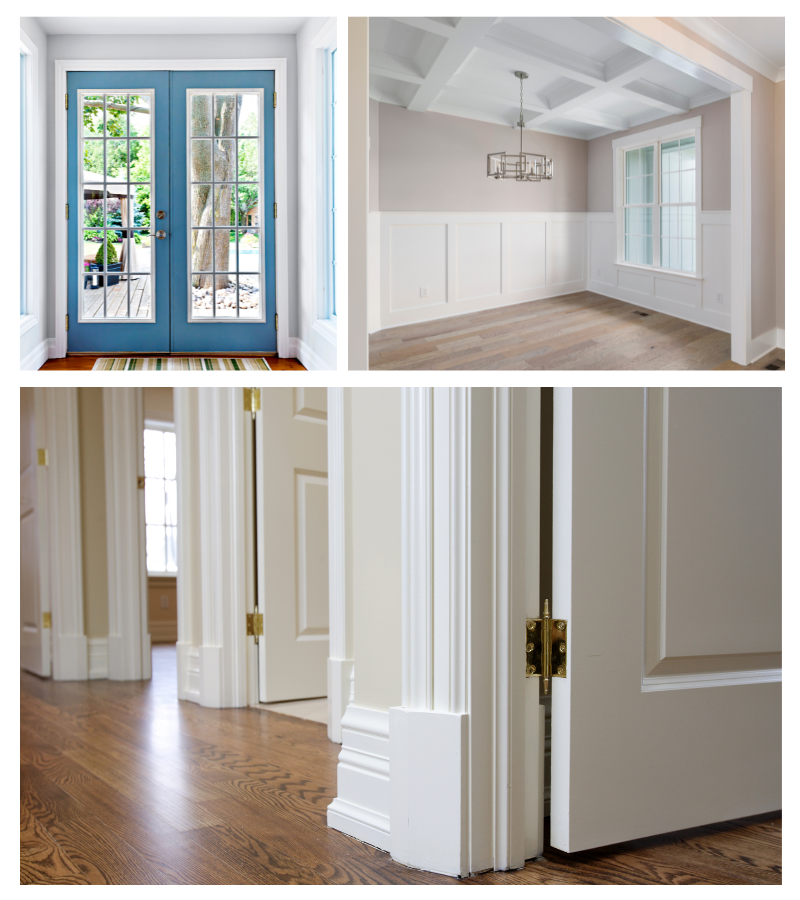 Top left: Blue double doors with glass panes. Top right: Dining room with large board and batten. Bottom: Interior trim of baseboards, door and door frame trim.