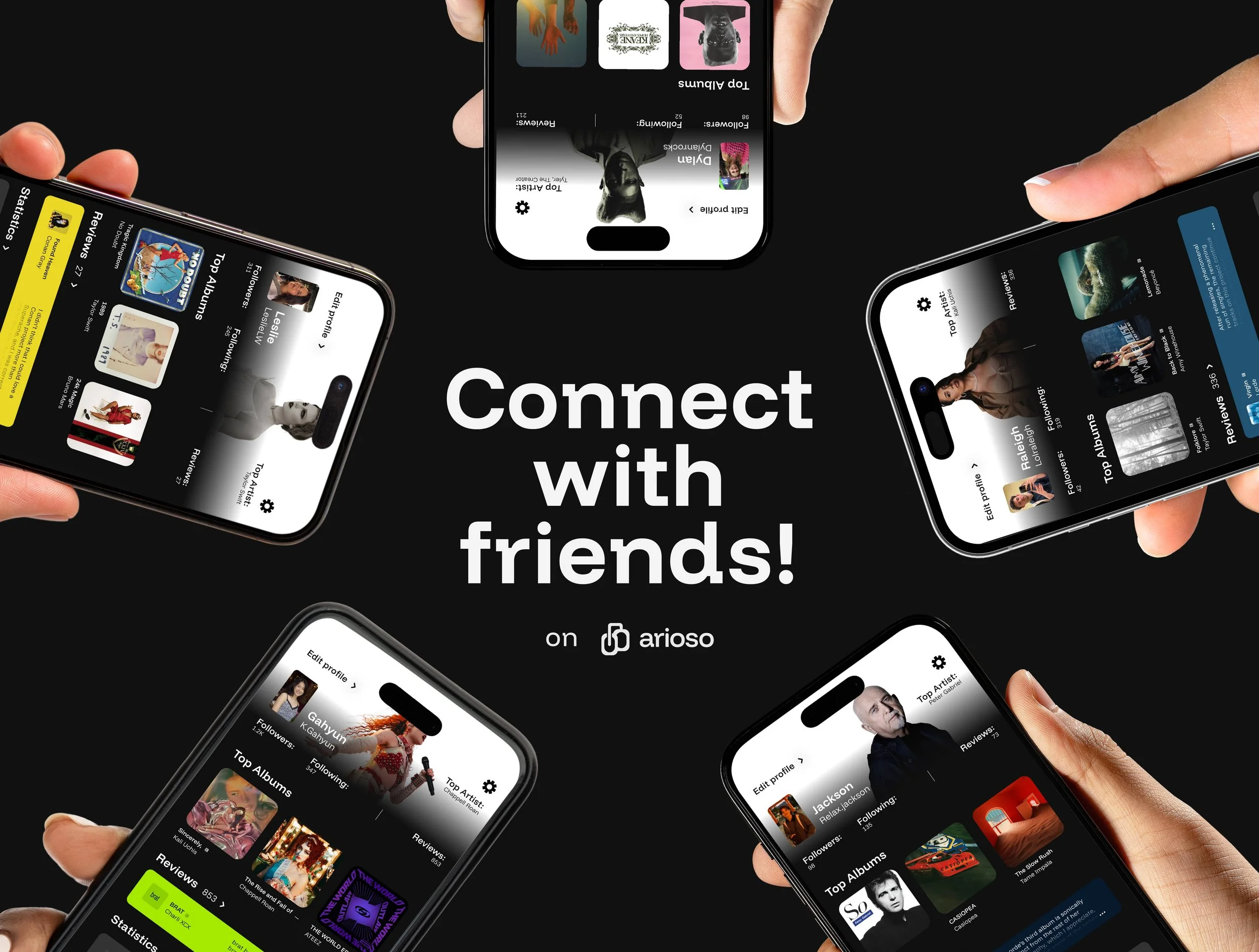 Multiple hands holding smartphones displaying a music or social media app with the text 'Connect with friends!' in the center on a black background.