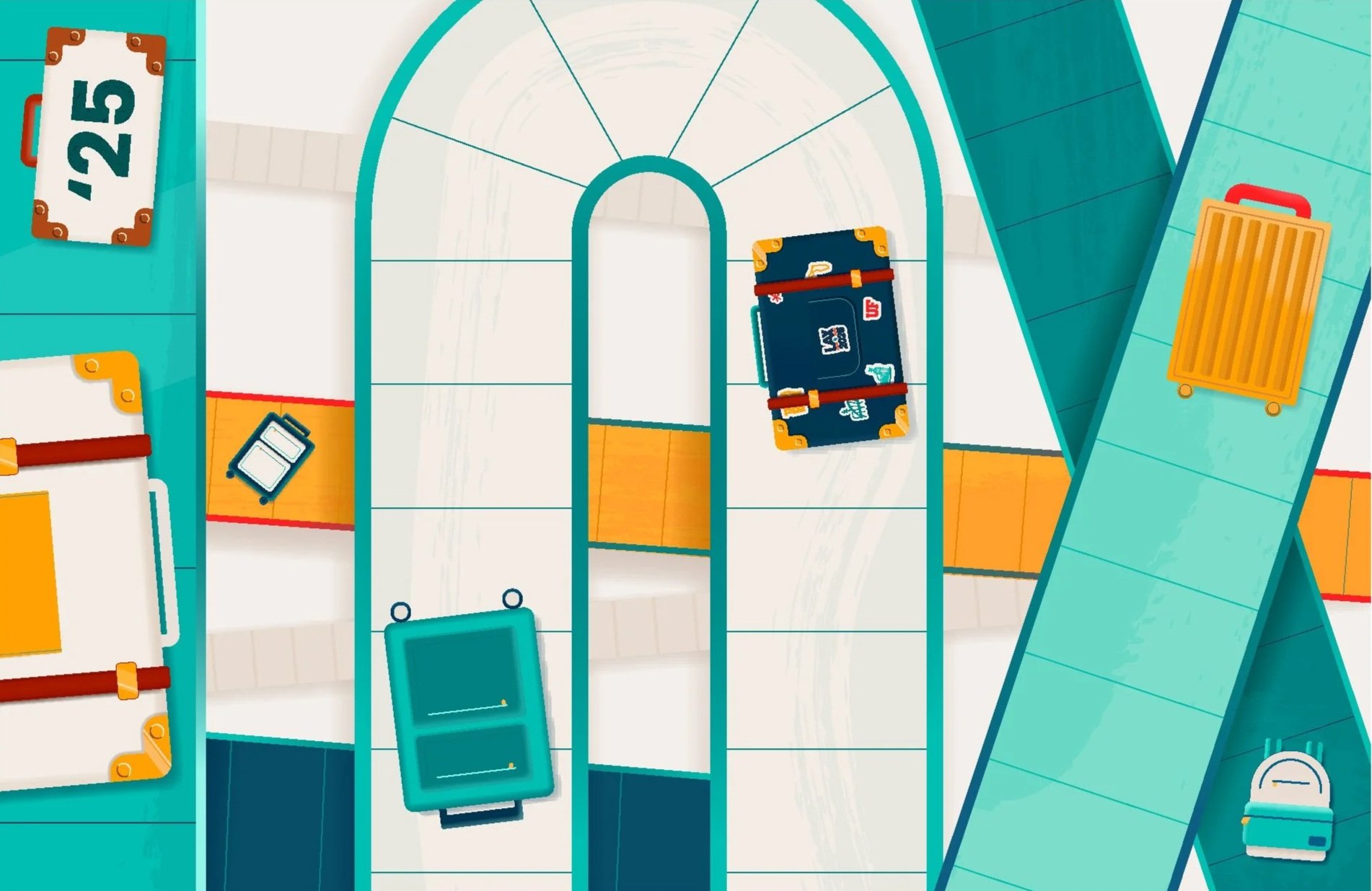 Airport conveyor belt in the shapes of letters that read out LAX. On these belts are blue, white, and yellow bags.