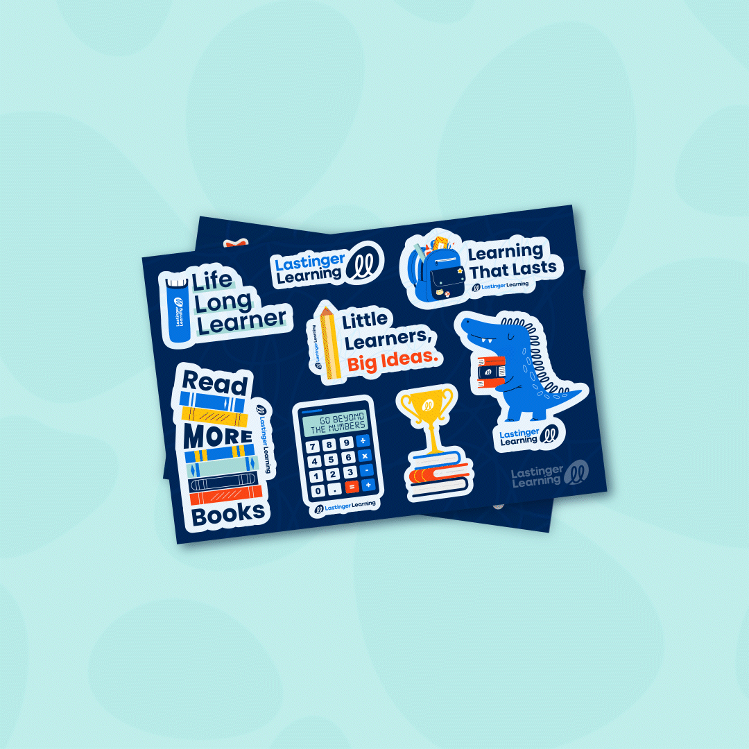 Set of navy blue stickers with educational themes, including books, a calculator, a trophy, and animal characters, promoting lifelong learning and reading.